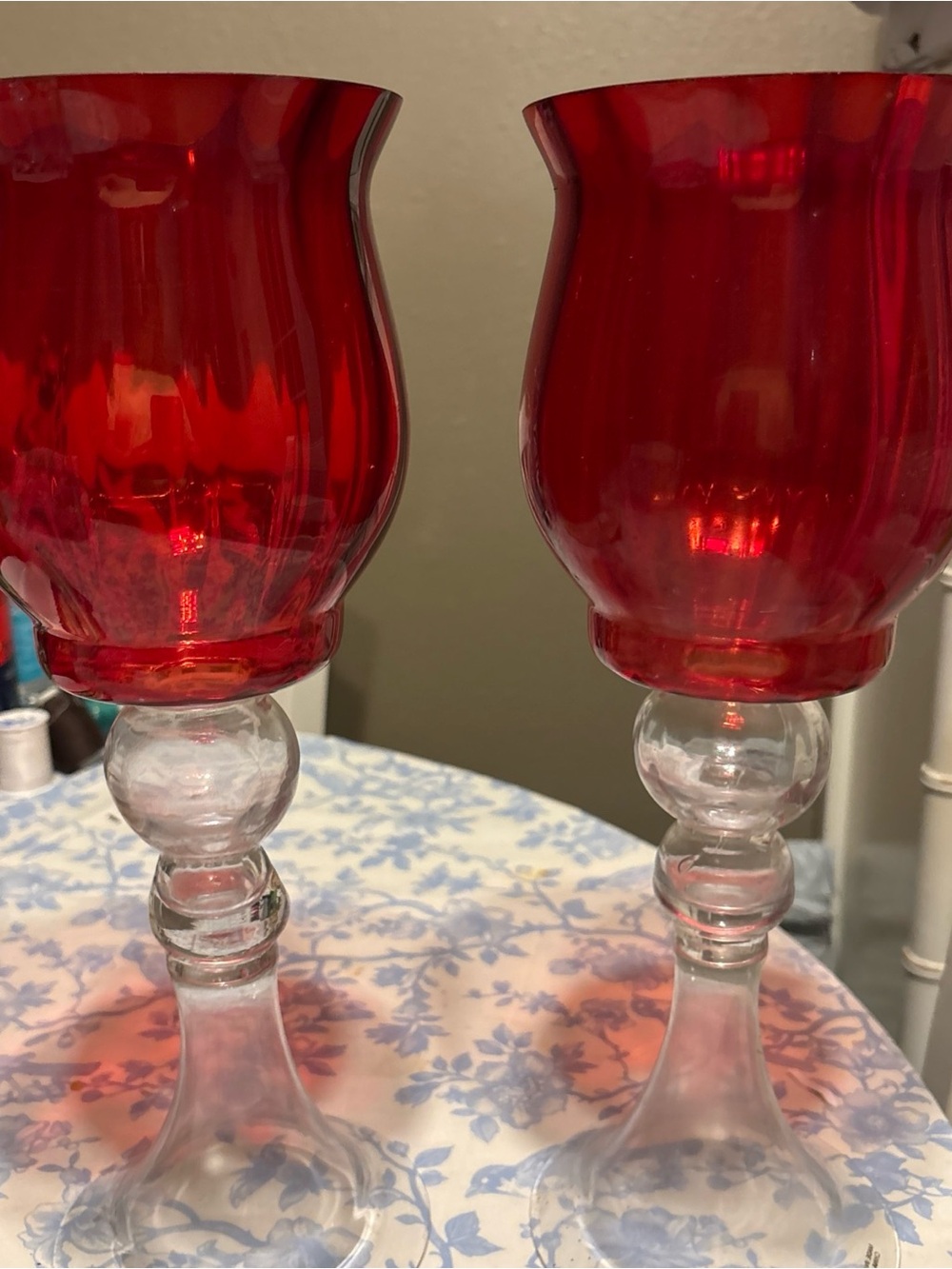 Red Glass Stem Candle Holders by Red - Set of Two